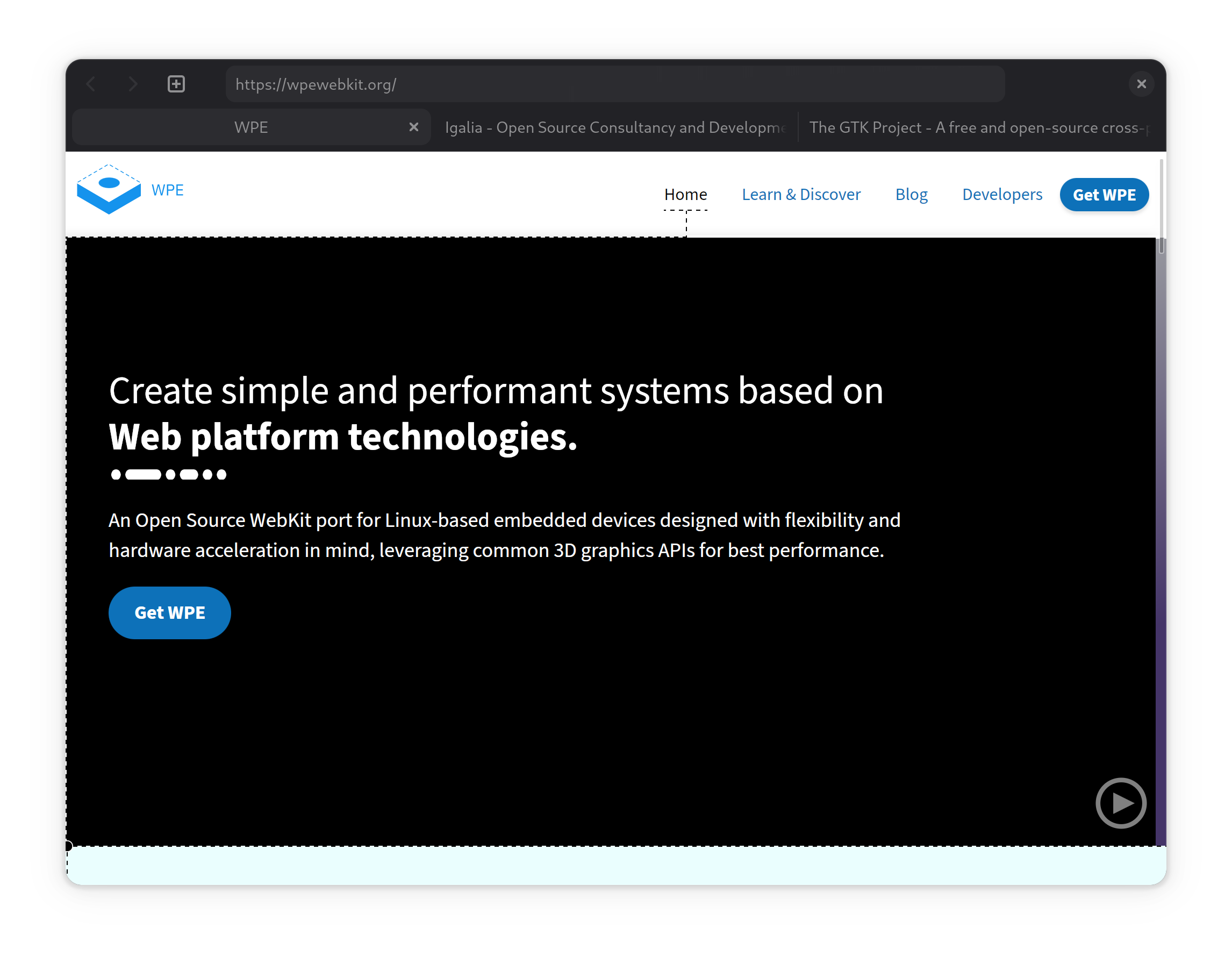 Screenshot of a Web browser application using a WPEPlatform backend based on GTK4